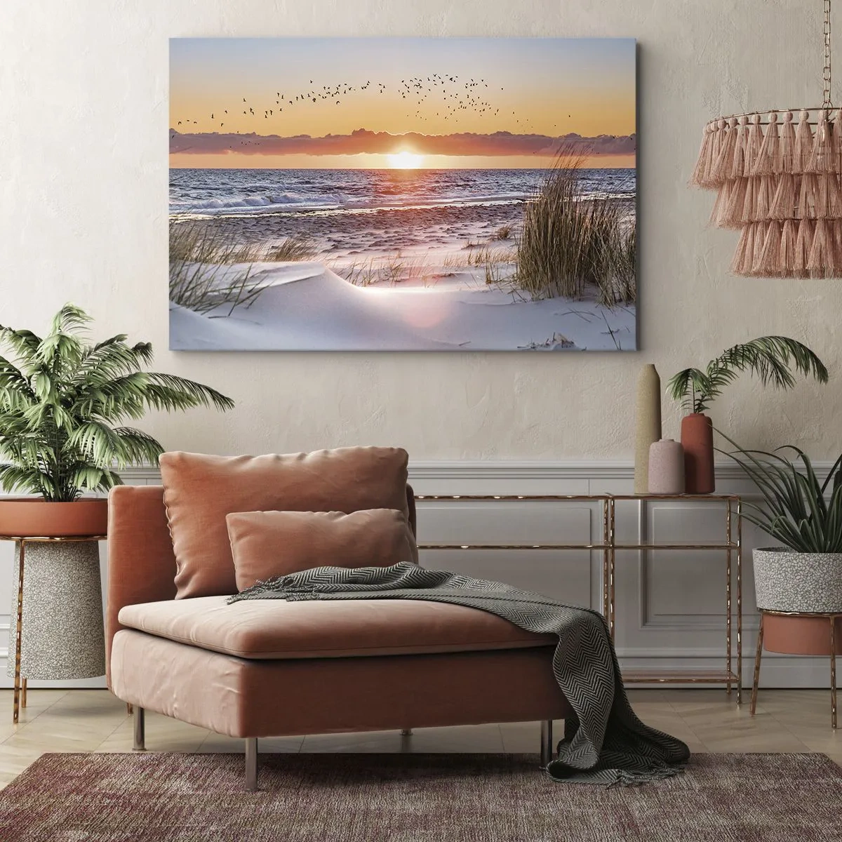 Canvastavla - Bild på duk - Solnedgång över havet med utsikt över sanddynerna - 70x50cm - Horisontellt landskap - Modern väggdekoration för vardagsrum och sovrum ARTTOR