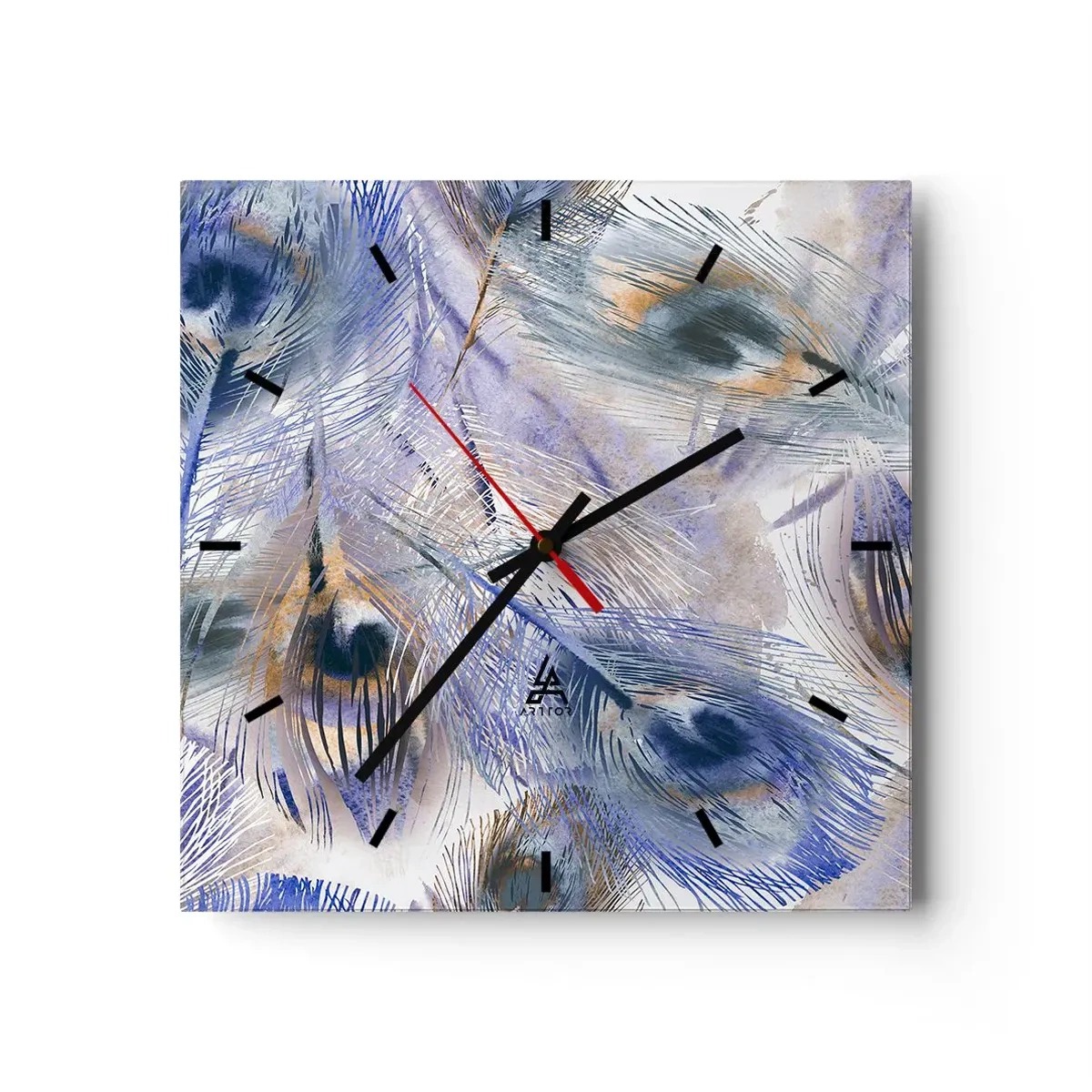 Väggklocka - Klocka på glas - Komposition med påfågelsfjädrar - 30x30 cm