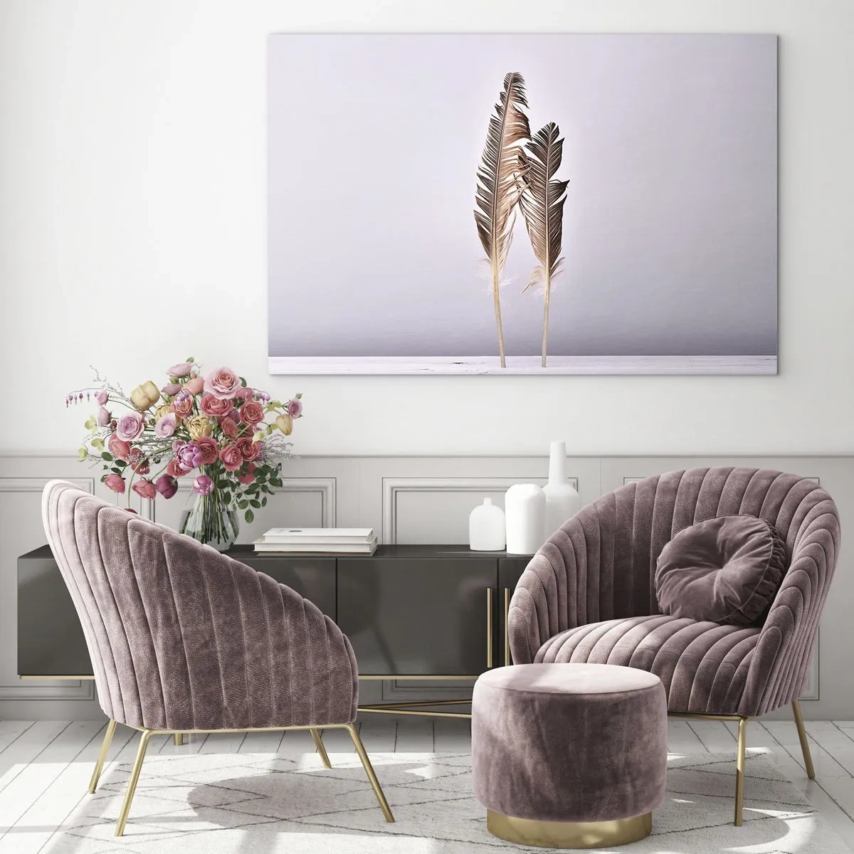 Glastavla - Bild på glas - Två fina fjädrar på en ljus bakgrund - 70x50cm - Mot intet - Modern väggdekoration för vardagsrum och sovrum ARTTOR