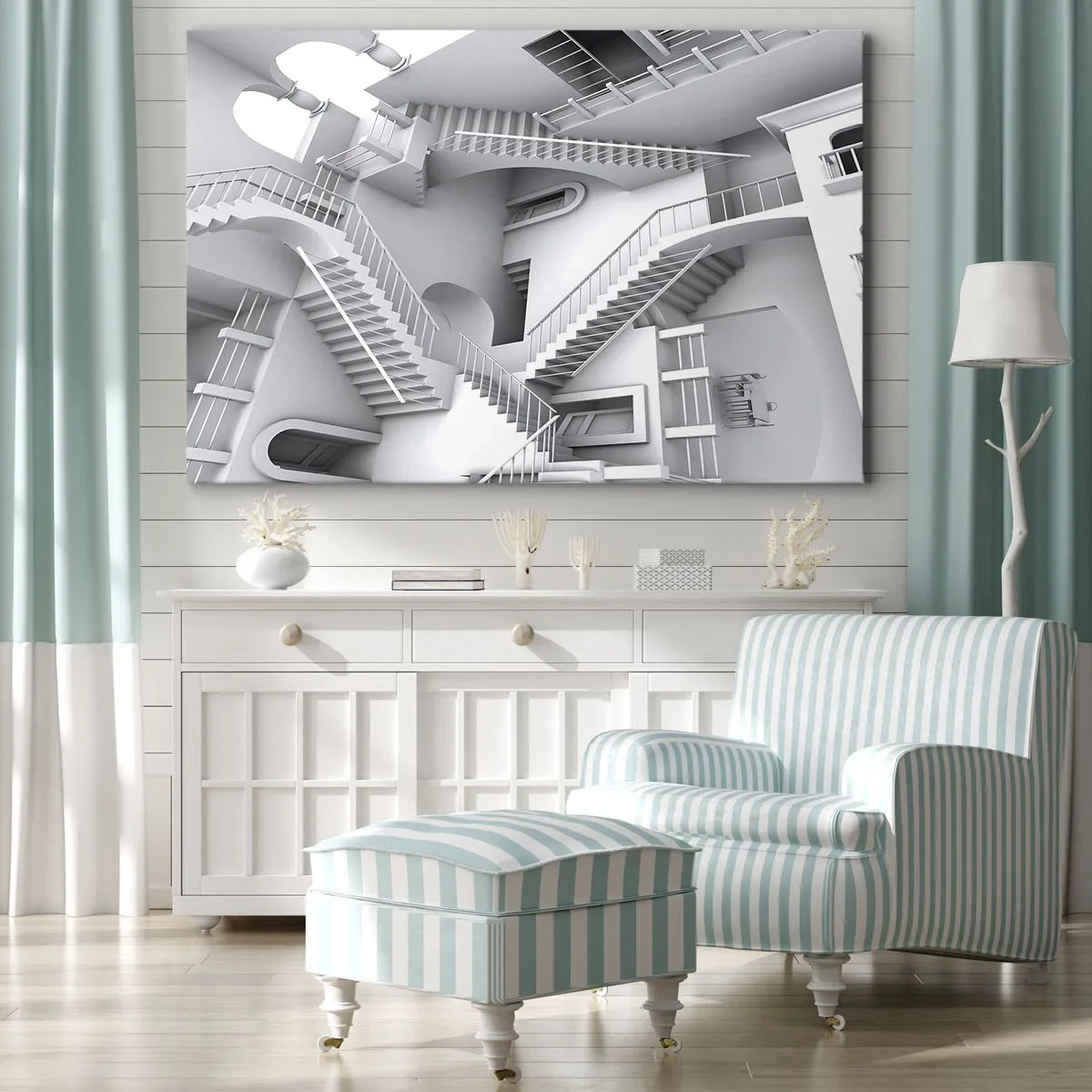 Canvastavla - Bild på duk - En abstrakt komposition av trappor i ett surrealistiskt rumsligt arrangemang - 70x50cm - Rummets paradoxer - Modern väggdekoration för vardagsrum och sovrum ARTTOR