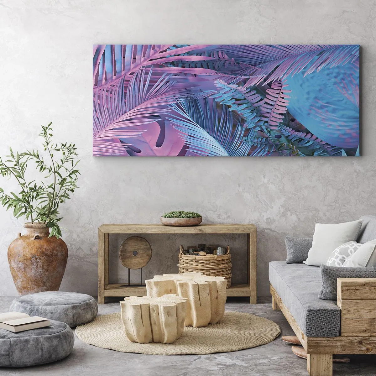 Canvastavla - Bild på duk - Tropiken i rosa och blått - 100x40 cm