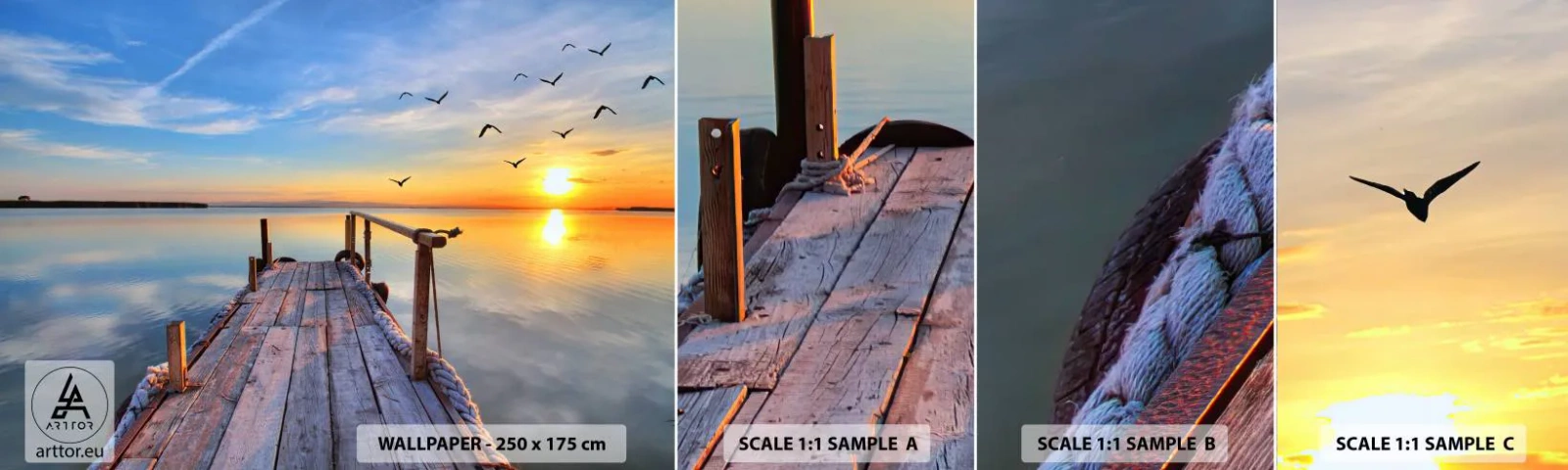 Provbit av självhäftande fototapet Deluxe Sticker - Gå mot solen - Landskap, Sjö, Träbro - 100x30 cm