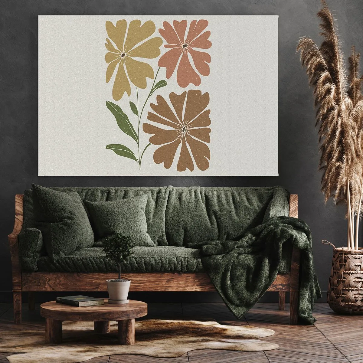 Canvastavla - Bild på duk - Tre blommor i varma färger mot en ljus bakgrund - 70x50cm - Natur och geometri - Modern väggdekoration för vardagsrum och sovrum ARTTOR