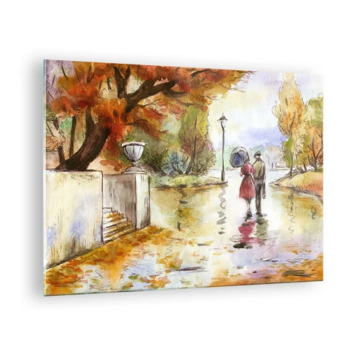 Glastavla - Bild på glas - Ett pars höstpromenad genom en park med färgglada löv - 70x50cm - Romantisk höst i parken - Modern väggdekoration för vardagsrum och sovrum ARTTOR