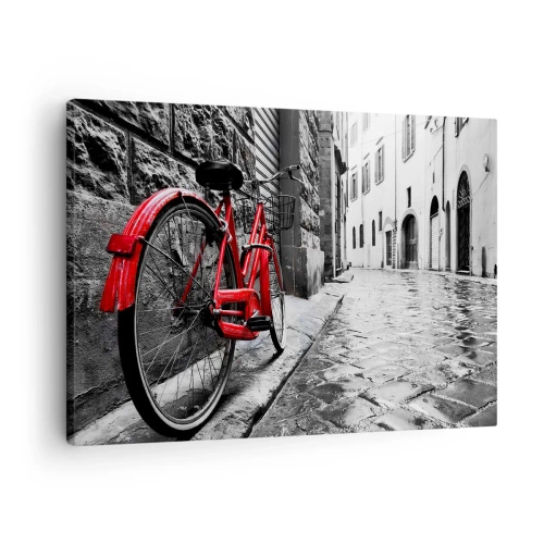 Canvastavla - Bild på duk - Röd cykel på en svartvit gata - 70x50cm - Den riktiga skönheten åldras inte - Modern väggdekoration för vardagsrum och sovrum ARTTOR