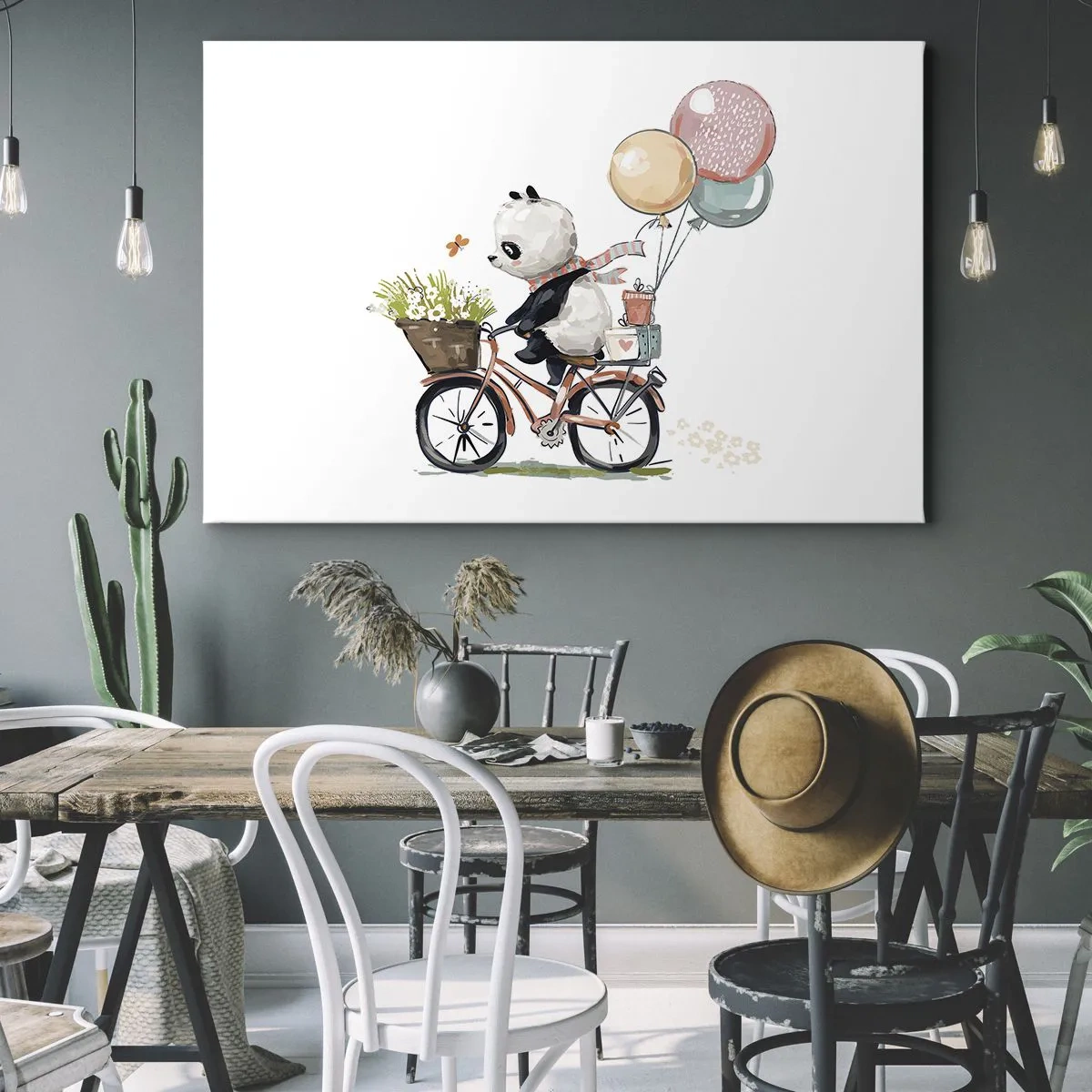 Canvastavla - Bild på duk - Panda på cykel med ballonger och blommor - 70x50cm - Lycklig dag - Modern väggdekoration för vardagsrum och sovrum ARTTOR