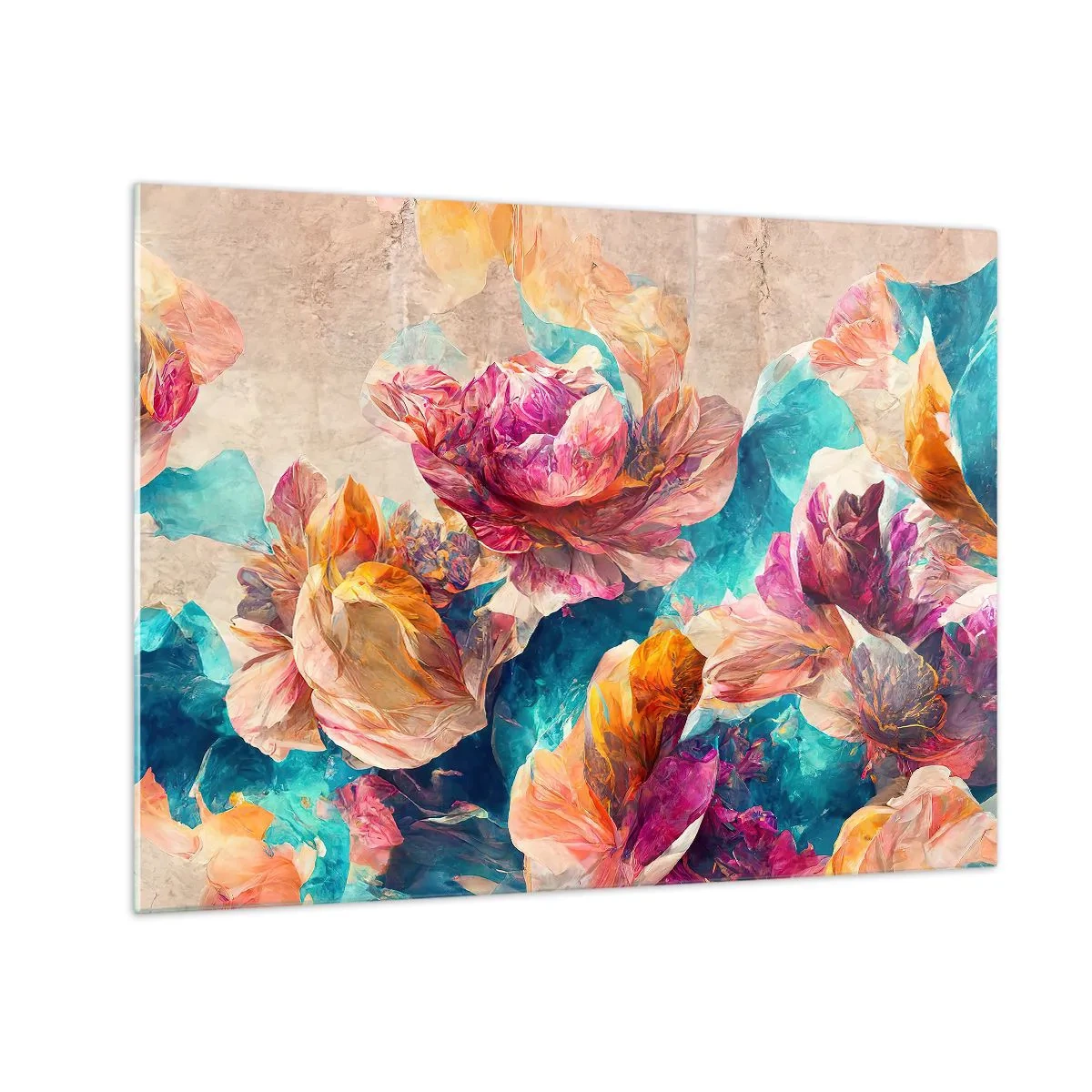 Glastavla - Bild på glas - Färgglada blommor mot en akvarellbakgrund - 70x50cm - Den färgsprakande prakten hos en bukett - Modern väggdekoration för vardagsrum och sovrum ARTTOR
