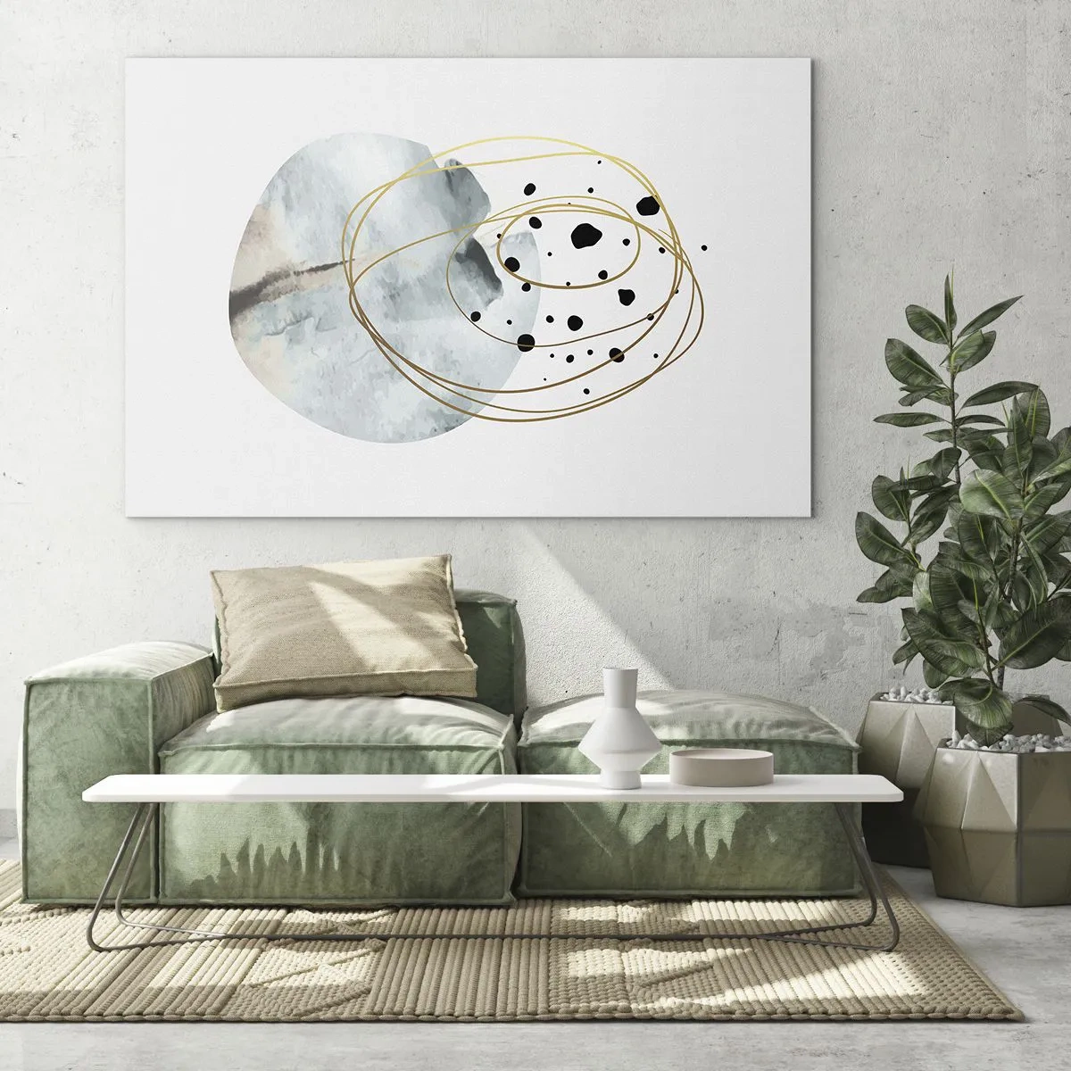 Glastavla - Bild på glas - Abstrakt komposition med en blå fläck och gyllene linjer - 70x50cm - I rummets famn - Modern väggdekoration för vardagsrum och sovrum ARTTOR