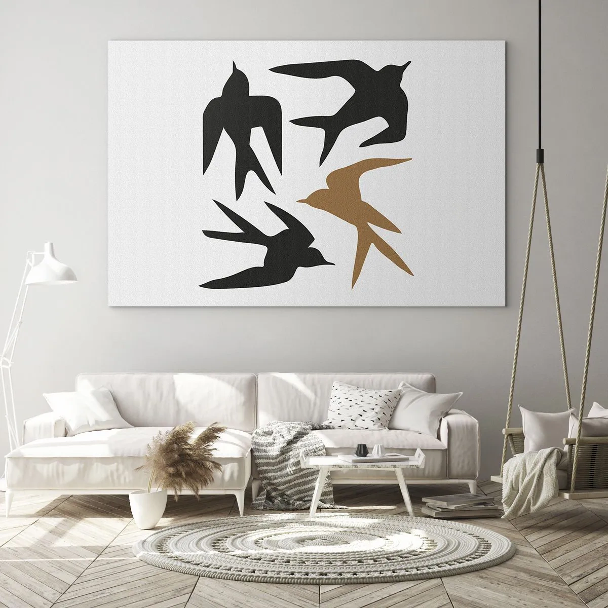 Glastavla - Bild på glas - Fyra flygande svalor i minimalistisk stil - 70x50cm - Svalornas lek - Modern väggdekoration för vardagsrum och sovrum ARTTOR