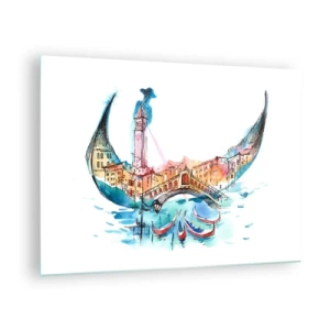 Glastavla - Bild på glas - Akvarellpanorama av Venedig i form av en mask - 70x50cm - Vi flyter genom staden - Modern väggdekoration för vardagsrum och sovrum ARTTOR