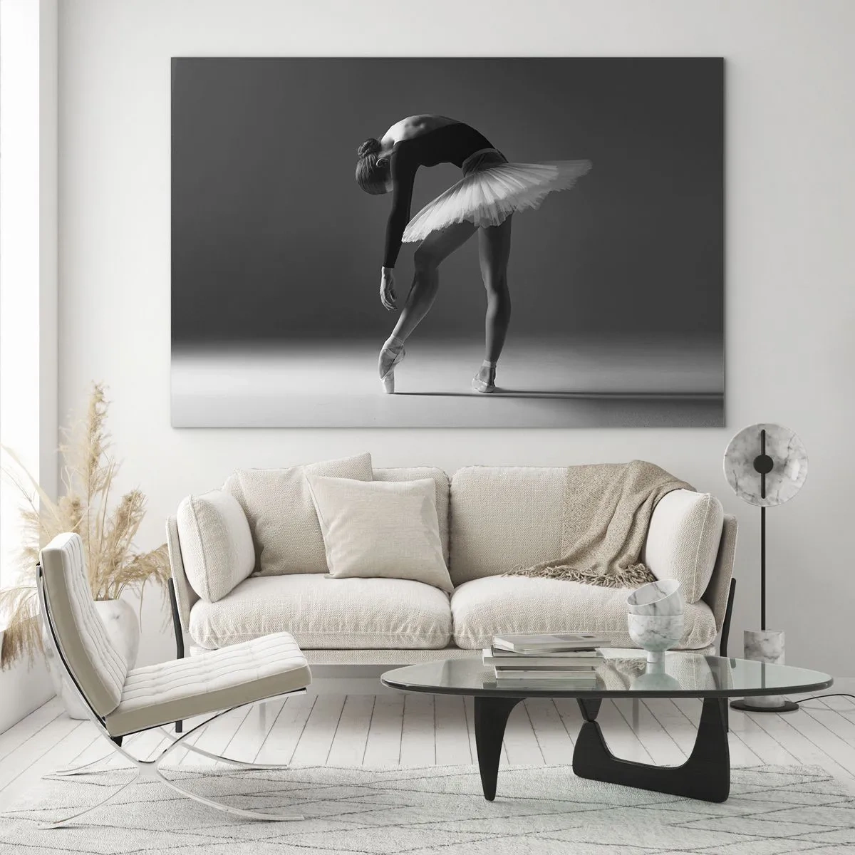 Glastavla - Bild på glas - Svartvit silhuett av en ballerina i en graciös pose - 70x50cm - Bella ballerina - Modern väggdekoration för vardagsrum och sovrum ARTTOR