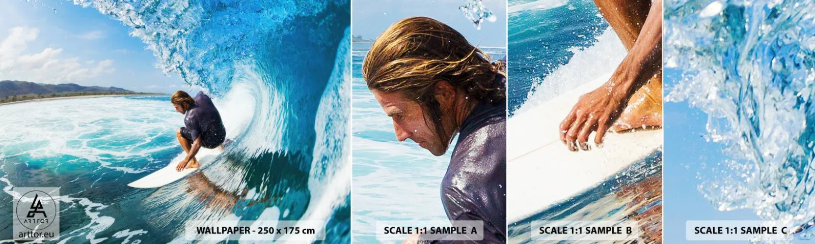 Provbit av självhäftande fototapet Deluxe Sticker - Dansar med vågorna - Sport, Surfing, Surfbräda - 100x30 cm