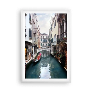 Affisch i vit ram - Venedig-landskap med gondol och bro - 61x91 cm