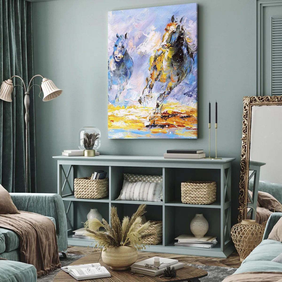 Canvastavla - Bild på duk - Galopp genom skenet - 55x100 cm