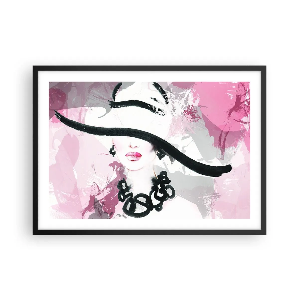 Affisch i svart ram - En damportätt i svart och rosa - 70x50 cm