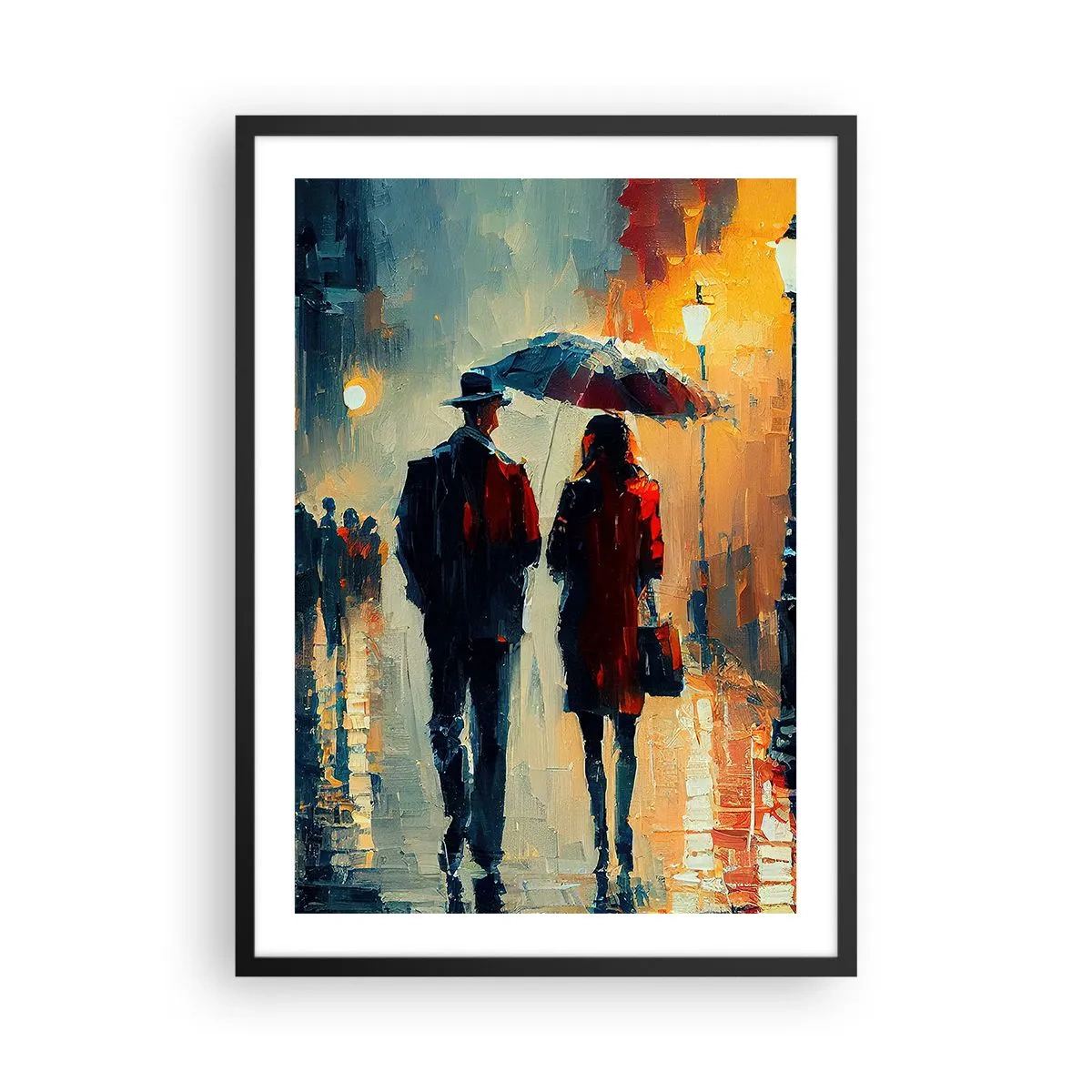 Affisch i svart ram - Romantiskt par under ett paraply i regnet - 50x70cm - Kärlekshistoria på stan - Modern väggdekoration för vardagsrum och sovrum ARTTOR