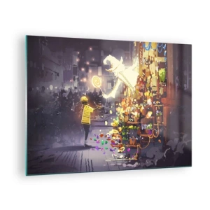 Glastavla - Bild på glas - Ett barn i en ljus T-shirt vid ett ljust stånd fullt av färgglada sötsaker - 70x50cm - Trolldom existerar - Modern väggdekoration för vardagsrum och sovrum ARTTOR