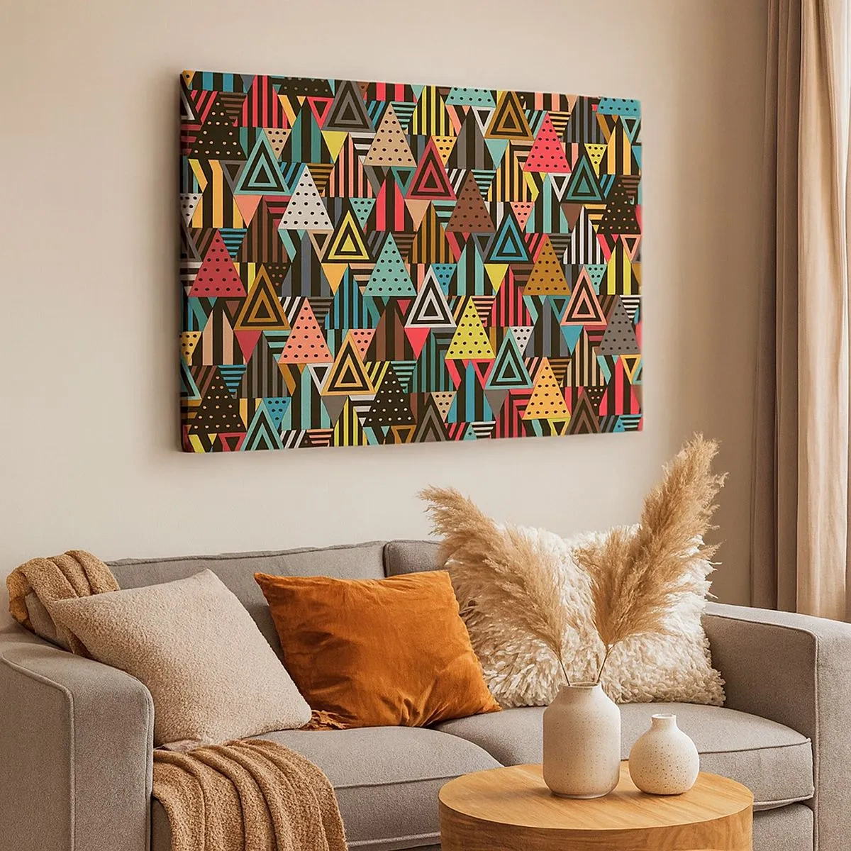 Canvastavla - Bild på duk - Färgglada geometriska mönster med trianglar och linjer - 70x50cm - Trianglar - Modern väggdekoration för vardagsrum och sovrum ARTTOR