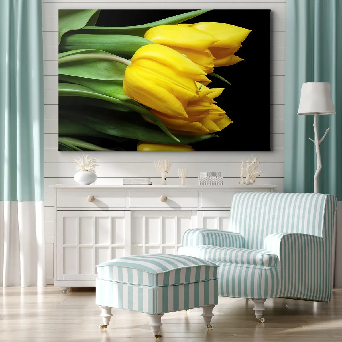 Canvastavla - Bild på duk - En bukett gula tulpaner på svart bakgrund - 70x50cm - Skapad av rena solen - Modern väggdekoration för vardagsrum och sovrum ARTTOR