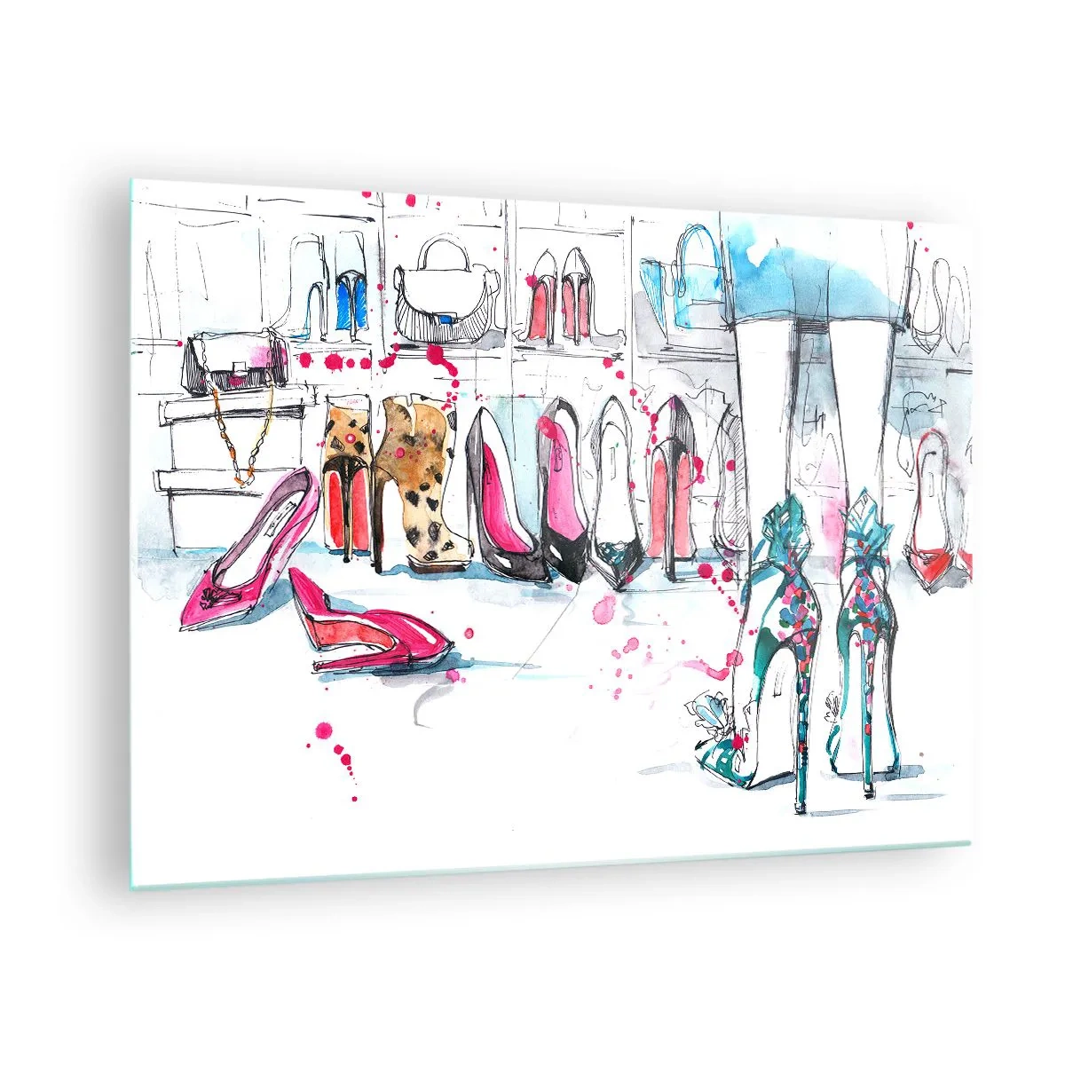 Glastavla - Bild på glas - Illustration av eleganta höga klackar i en butik - 70x50cm - Sesam, öppna dig - Modern väggdekoration för vardagsrum och sovrum ARTTOR