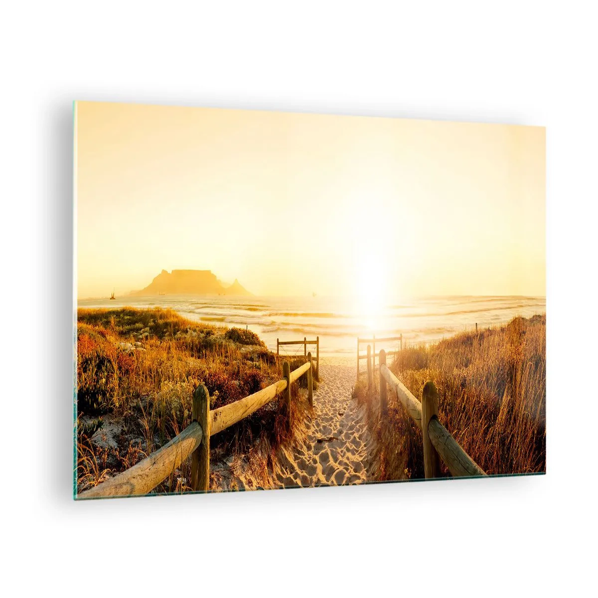 Glastavla - Bild på glas - Stigen över sanddynen som leder till stranden vid solnedgången - 70x50cm - Genom sanddynan mot solen - Modern väggdekoration för vardagsrum och sovrum ARTTOR