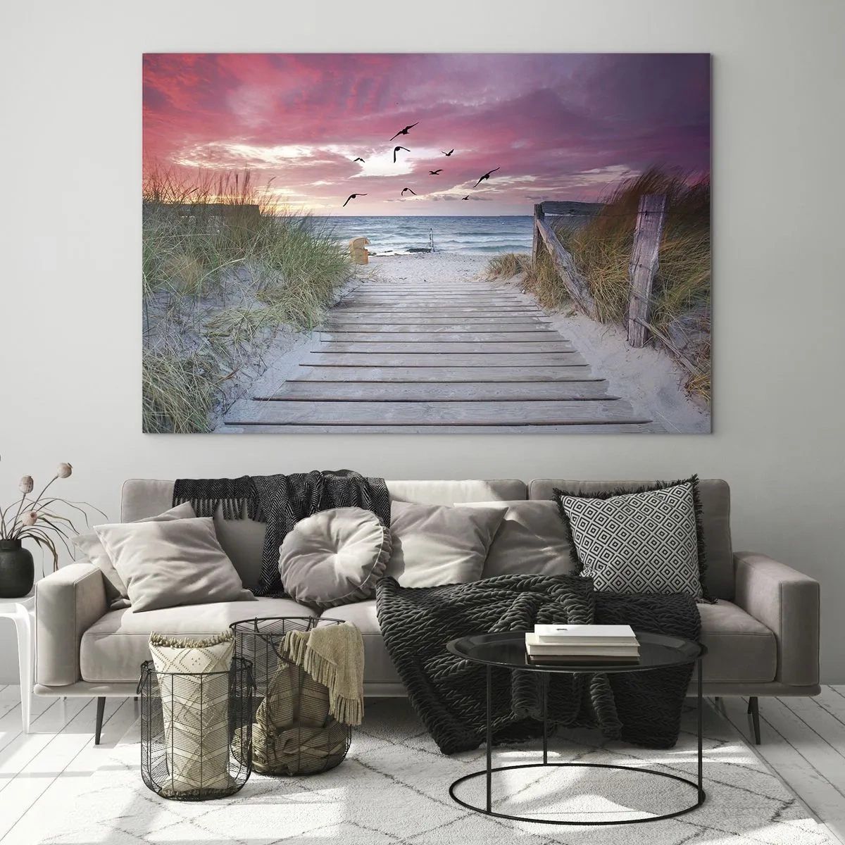 Glastavla - Bild på glas - Vägen till stranden vid solnedgången med flygande fåglar - 70x50cm - Östersjöimpression - Modern väggdekoration för vardagsrum och sovrum ARTTOR