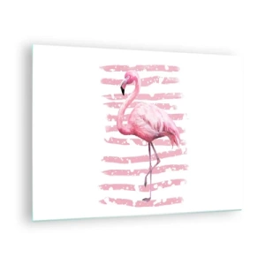 Glastavla - Bild på glas - En rosa flamingo mot en bakgrund av konstnärliga rosa ränder. - 70x50cm - Med värdighet trots i rosa färg - Modern väggdekoration för vardagsrum och sovrum ARTTOR