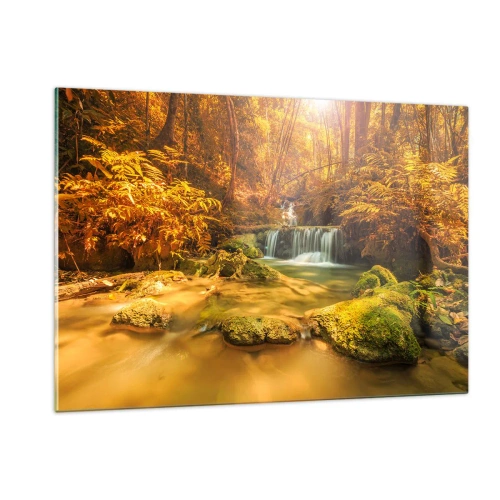 Glastavla - Bild på glas - Skogkaskad i gult - 120x80 cm