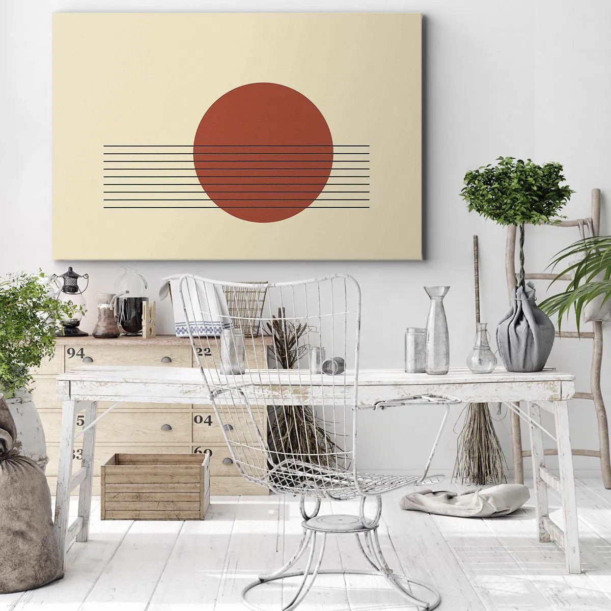 Canvastavla - Bild på duk - Abstrakt röd cirkel med linjer på en beige bakgrund. - 70x50cm - Cirkel och linjer - Modern väggdekoration för vardagsrum och sovrum ARTTOR