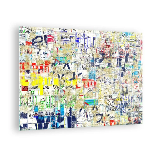 Glastavla - Bild på glas - En abstrakt komposition med en blandning av färger och inskriptioner. - 70x50cm - Helt enkelt gläder ögonen - Modern väggdekoration för vardagsrum och sovrum ARTTOR