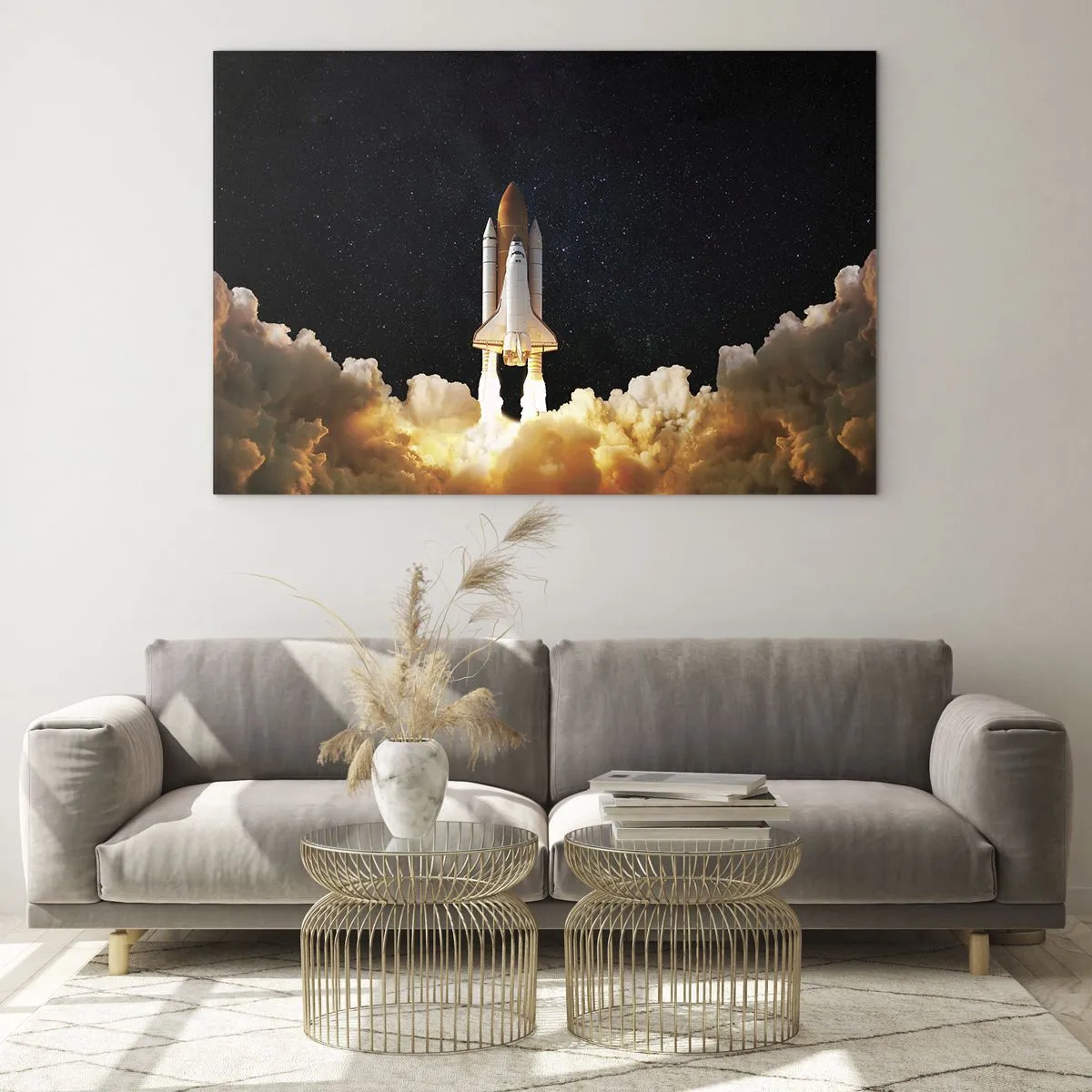 Glastavla - Bild på glas - En rymdfärja lyfter mot en stjärnklar himmel - 70x50cm - Ad astra! - Modern väggdekoration för vardagsrum och sovrum ARTTOR