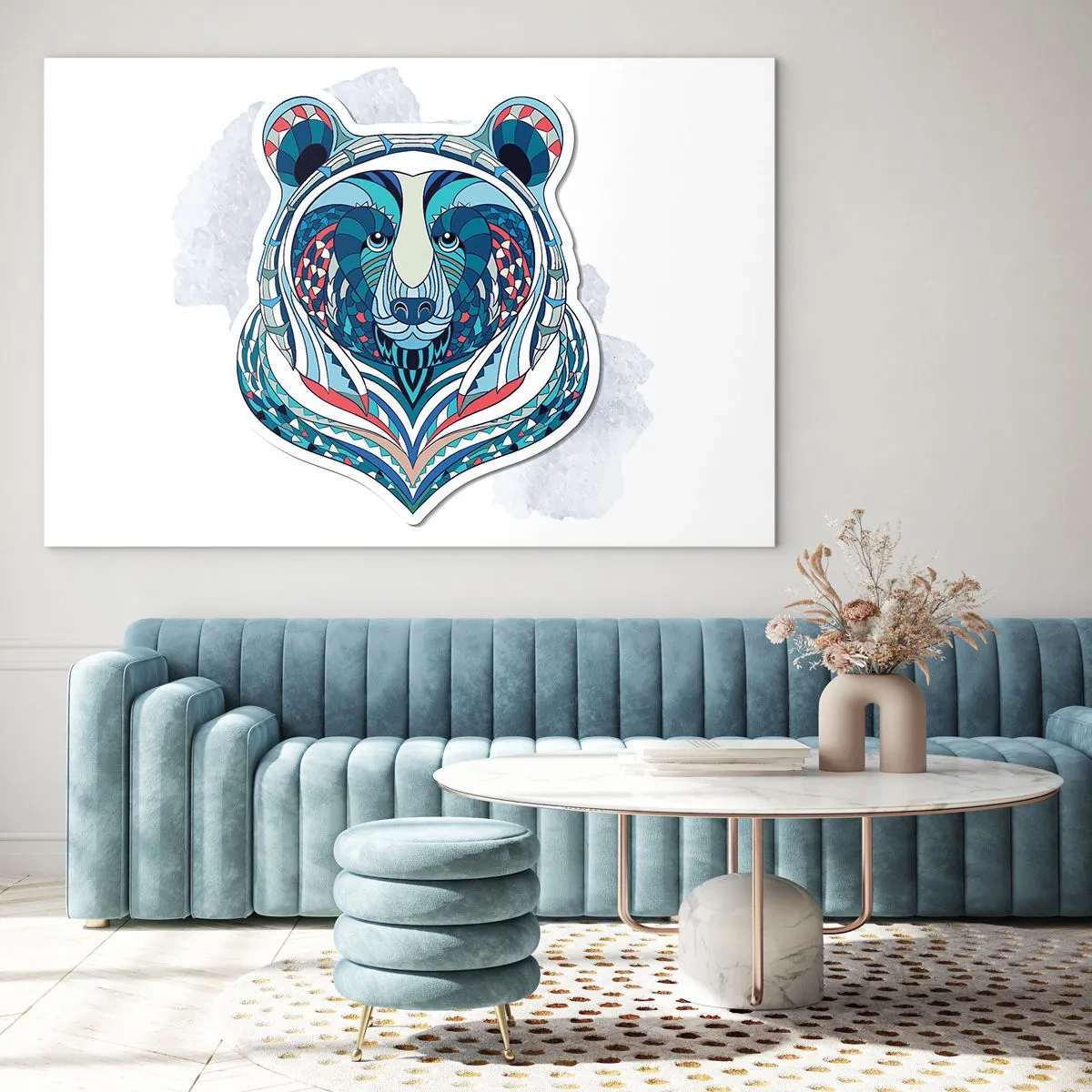 Glastavla - Bild på glas - Ett färgglatt, geometriskt porträtt av en nallebjörn - 70x50cm - Eviva Grönland! - Modern väggdekoration för vardagsrum och sovrum ARTTOR