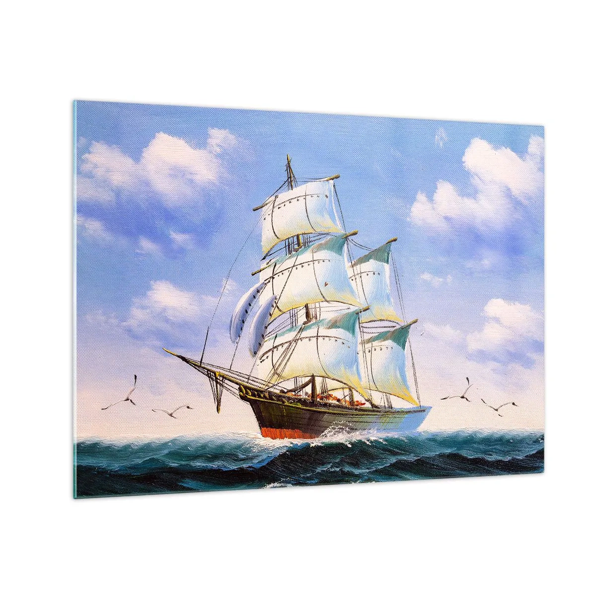 Glastavla - Bild på glas - Ett segelfartyg på öppet hav under en blå himmel - 70x50cm - Stolt med vinden - Modern väggdekoration för vardagsrum och sovrum ARTTOR