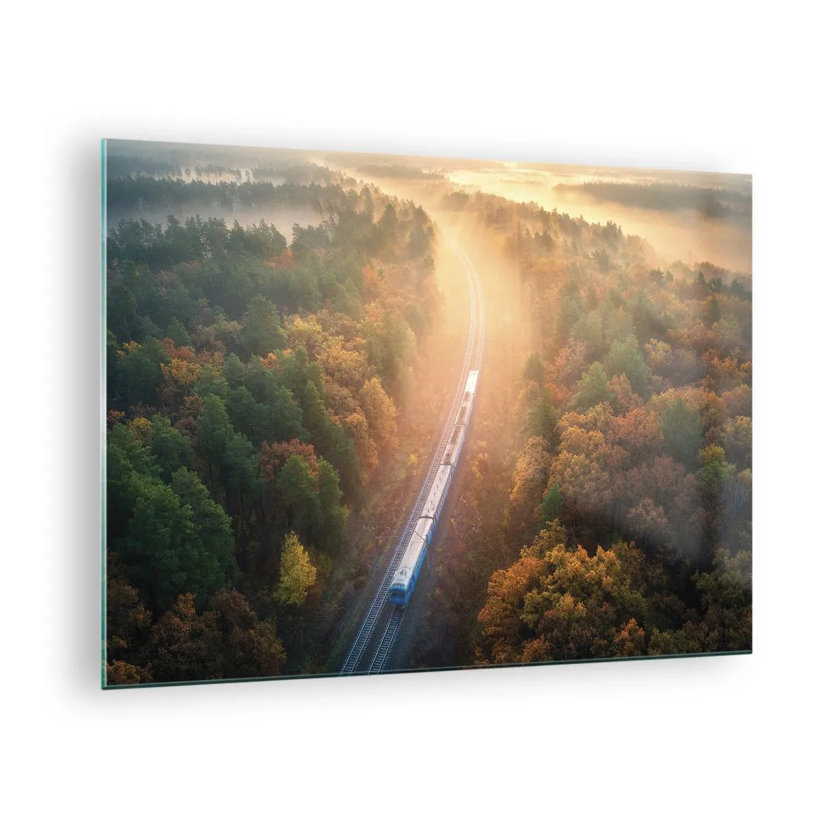 Glastavla - Bild på glas - Ett tåg i ett pittoreskt höstlandskap, fullt av värme och nostalgi - 70x50cm - Höstresa - Modern väggdekoration för vardagsrum och sovrum ARTTOR