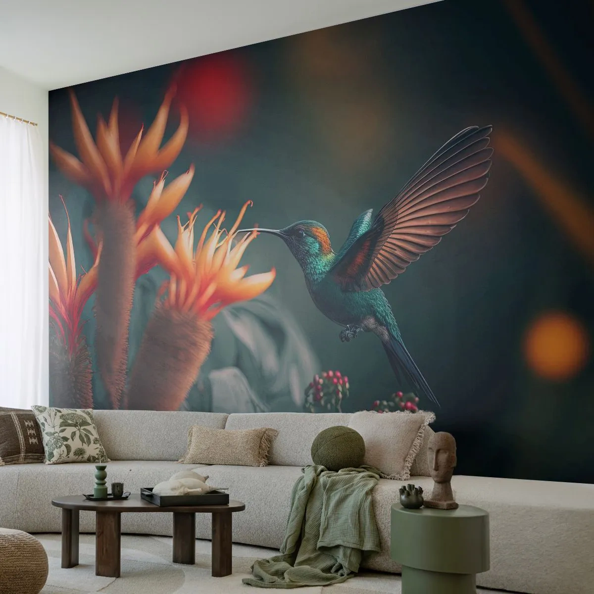 Fototapet Premium Sand - Ett verkligt färgglatt liv - Fågel, Exotisk, Blomma - 500x350 cm