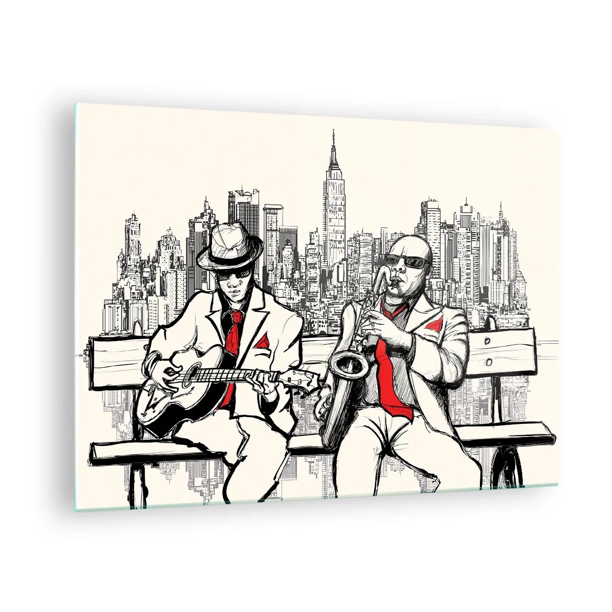 Glastavla - Bild på glas - Två jazzmusiker spelar mot bakgrund av stadens silhuett - 70x50cm - New Yorks improvisation - Modern väggdekoration för vardagsrum och sovrum ARTTOR