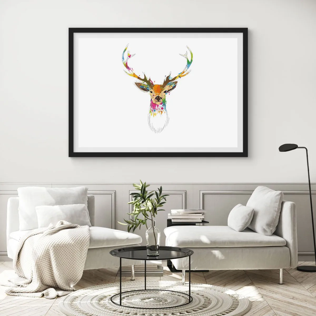 Affisch i svart ram - Hjort badar i färg - 100x70 cm