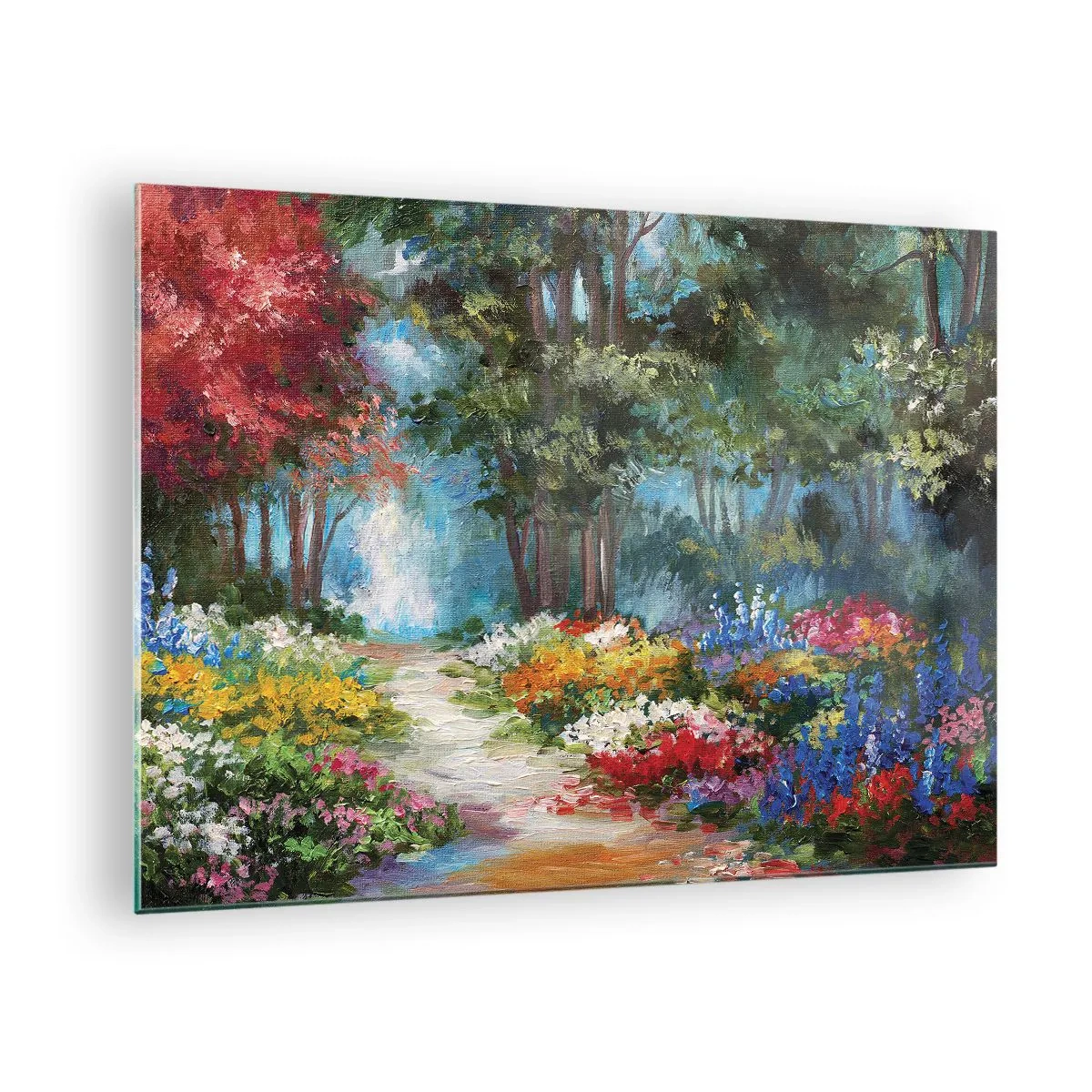 Glastavla - Bild på glas - En färgglad skogsträdgård med blommande blommor - 70x50cm - Skogsträdgård, blomskog - Modern väggdekoration för vardagsrum och sovrum ARTTOR