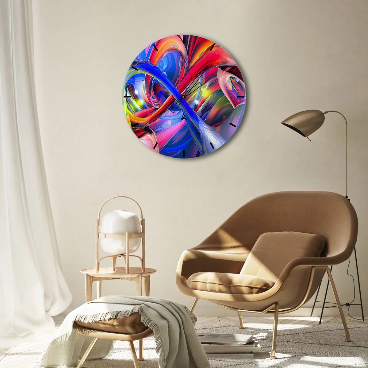 Väggklocka - Klocka på glas - En abstrakt komposition i livfulla och intensiva färger. - 30x30cm - Färgdans - Modern väggdekoration för vardagsrum, kök och sovrum ARTTOR