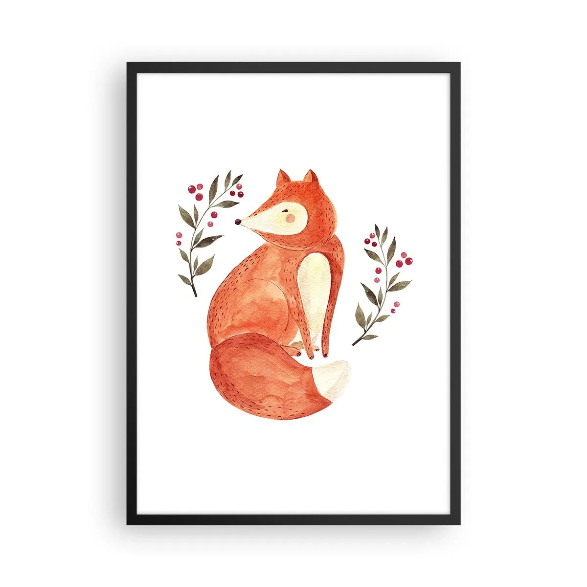 Affisch i svart ram - Illustration av en räv omgiven av grenar med röd frukt - 50x70cm - Liten rödhårig - Modern väggdekoration för vardagsrum och sovrum ARTTOR