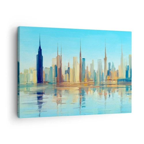 Canvastavla - Bild på duk - Ett panorama över staden i varma färger med reflektion i vattnet - 70x50cm - Solig metropol - Modern väggdekoration för vardagsrum och sovrum ARTTOR