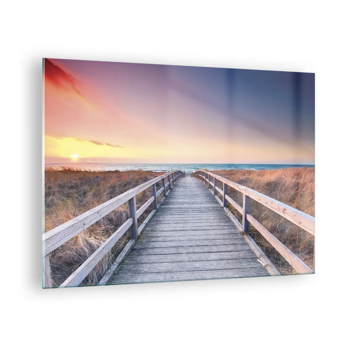 Glastavla - Bild på glas - Träbrygga som leder till stranden vid solnedgången - 70x50cm - Kvällssken i Östersjön - Modern väggdekoration för vardagsrum och sovrum ARTTOR