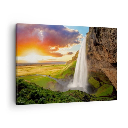 Canvastavla - Bild på duk - Ett vattenfall i ett pittoreskt landskap vid solnedgången - 70x50cm - Full av isländsk sommar - Modern väggdekoration för vardagsrum och sovrum ARTTOR