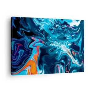 Canvastavla - Bild på duk - Ett abstrakt mönster i nyanser av blått med orange accenter. - 70x50cm - En resa till himlens inre - Modern väggdekoration för vardagsrum och sovrum ARTTOR