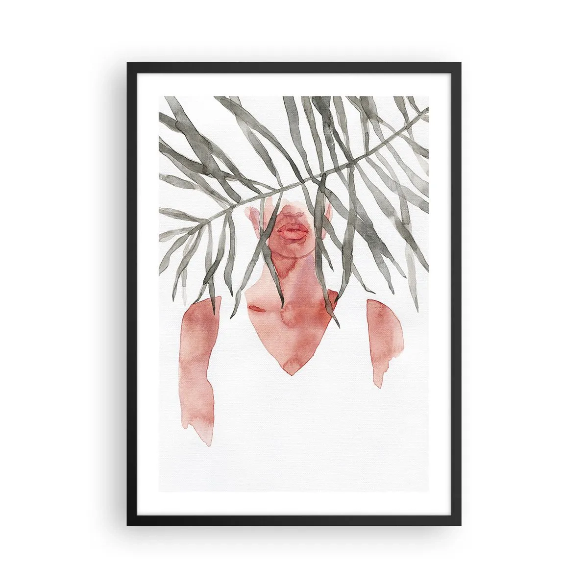 Affisch i svart ram - Akvarell silhuett av en kvinna gömd bakom löv - 50x70cm - Tropikens dam - Modern väggdekoration för vardagsrum och sovrum ARTTOR