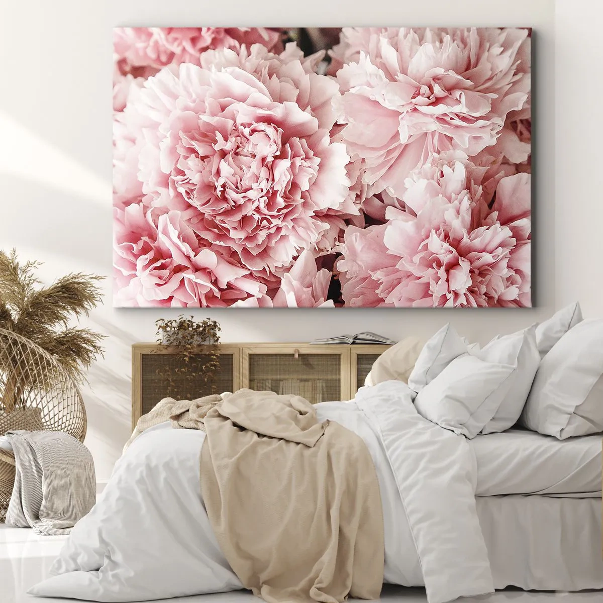 Canvastavla - Bild på duk - Subtila rosa pioner i en delikat miljö - 70x50cm - Rosa dröm - Modern väggdekoration för vardagsrum och sovrum ARTTOR
