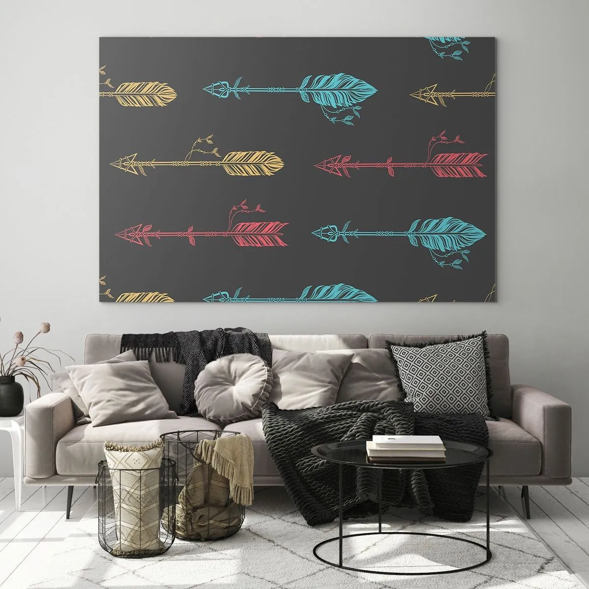 Glastavla - Bild på glas - Färgglada pilar på en mörk bakgrund i en grafisk layout - 70x50cm - I ordning - Modern väggdekoration för vardagsrum och sovrum ARTTOR
