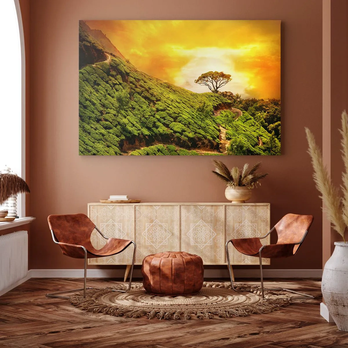 Canvastavla - Bild på duk - Gröna kullar av teplantager vid solnedgången - 70x50cm - Genom slingrande stig, grön backe - Modern väggdekoration för vardagsrum och sovrum ARTTOR