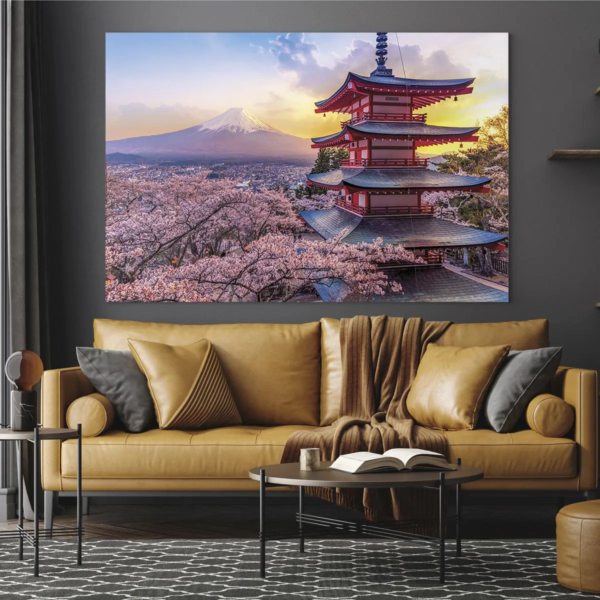 Glastavla - Bild på glas - En pagod i ett japanskt landskap med utsikt över berget Fuji och blommande träd - 70x50cm - Essens av den japanska andan - Modern väggdekoration för vardagsrum och sovrum ARTTOR