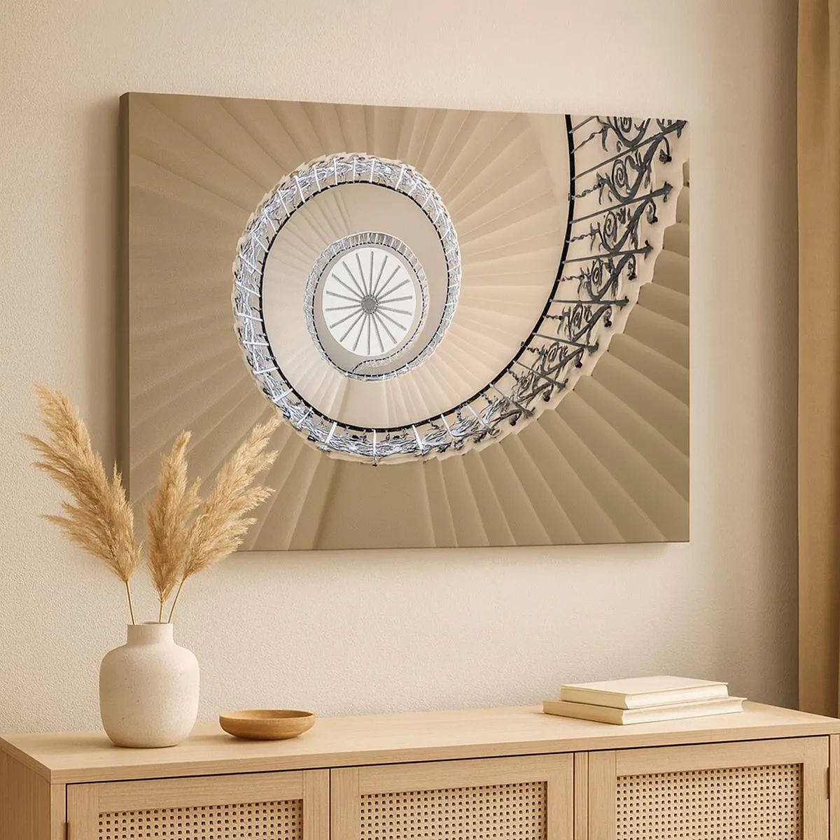 Canvastavla - Bild på duk - Spiraltrappa i elegant geometrisk stil - 70x50cm - I musslans mitt - Modern väggdekoration för vardagsrum och sovrum ARTTOR
